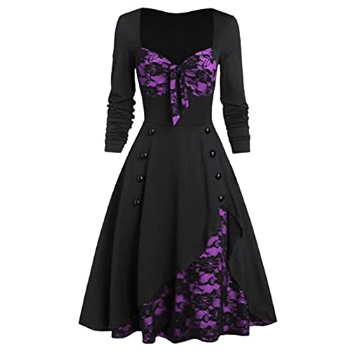 Midi Dress for Women Fashion Gothic Punk Prom Skirt Plus-Size Solid Color Long Sleeve Vintage Evening Party Dress Purple