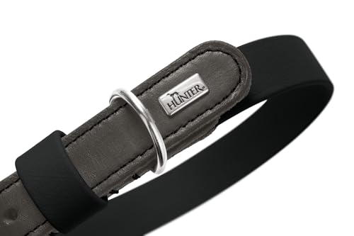 HUNTER Hundehalsband WOLMAR aus BioThane® und Leder, robust, wasserabweisend, pflegeleicht, Kontrastnaht, Made in Germany, Farbe: schwarz/grau, Größe: 45
