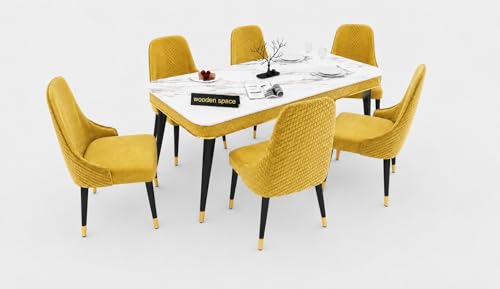 Image of WOODEN SPACE 6-Seater Wooden Dining Table Set | Nano Composite Marble Top | Solid Wood Base | Modern Dining Room Furniture with 6 Chairs (Yellow Modern Vento)