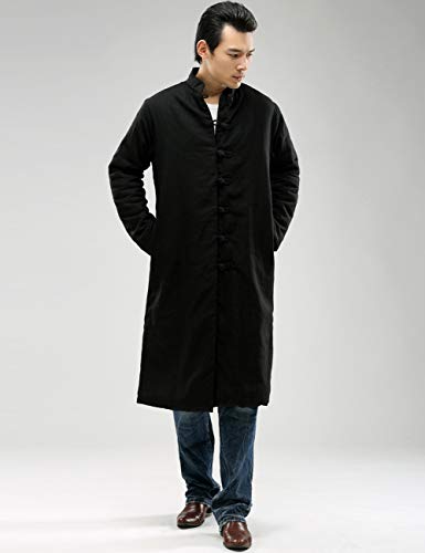 LUZU JUNU Men’s Cotton Linen Trench Coat Warm Winter Quilted Long Jacket Frog Button Overcoat with Pockets3
