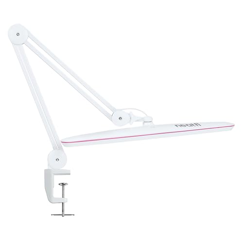 Image of Neatfi XL 2,200 Lumens 24W LED Desk Lamp - 23 inch Wide Shade | Dimmable Eye-Caring Task Light | Adjustable Arm | Home Office, Study, Crafts & Nail Tech (White with Pink Ring, Non-CCT with Clamp)