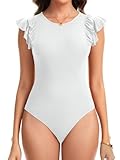 SHAPERIN Body para mujer, cuello redondo, elegante, con volantes, sin mangas, body sin mangas, body de manga corta, blusa de verano, Volantes blancos, S