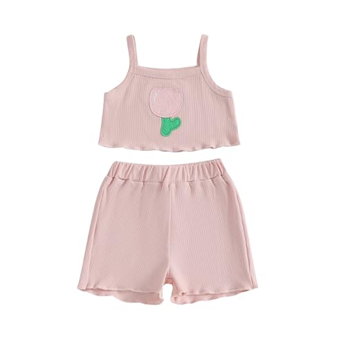 Toddler Baby Girls Summer Clothes Ribbed Sleeveless Sling Tulip Embroidery Tank Top and Shorts 2pcs Outfit (Pink, 3-4T)