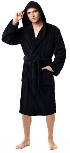 NY Threads Morgenmantel für Männer mit Kapuze, Kuschelig weich, Loungewear und Nachtwäsche (Schwarz, X-Groß)