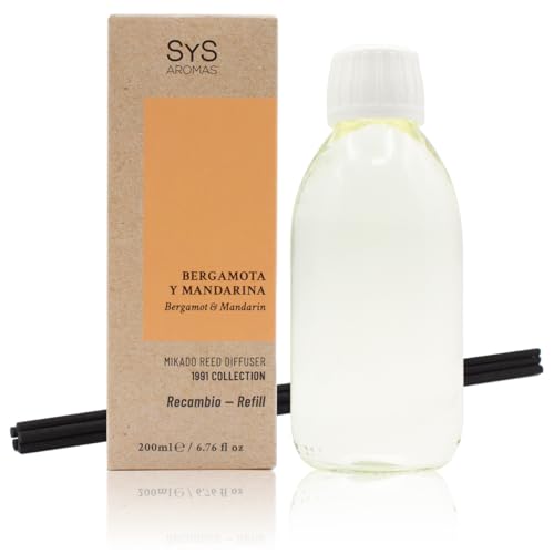 SYS Aromas Ambientador Recambio Mikado Bergamota y Mandarina 1991- Recarga para Difusor con Varillas - Larga Duración - Ideal para Hogar, Oficina, Baño - 200 ml con 5 Varillas