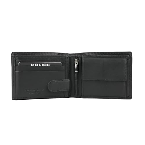 Police Herren-Geldbörse aus echtem Leder mit Geschenkbox, Schwarz 88 Klassisch Zwei Fenster, Klassisch