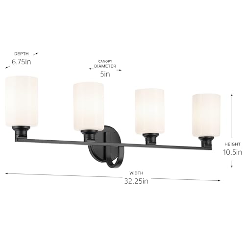 Image of Kichler Gioe 4-Light Bathroom Vanity Light Fixture with Opal Glass in Black, Modern Wall Mount Over Mirror Lighting for Powder Room (32.25 inch W x 10.5 inch H), 55227BK