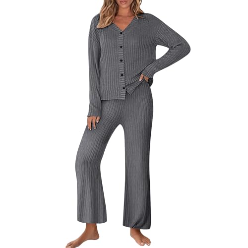 Conjunto de 2 piezas para mujer, pijama con botones, cárdigan de punto, cuello en V, manga larga, pantalones, ropa de descanso, ropa cómoda y holgada, ropa de otoño a la moda, conjuntos de color