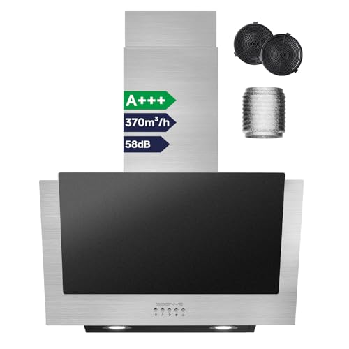 Soonye Hotte Aspirante Inclinée 60cm Classe A+++, Hotte Cuisine 370m³/h, Noir Verre Dépoli,Filtres à Charbon Inclus,Hotte Murale Evacuation ou Recyclage