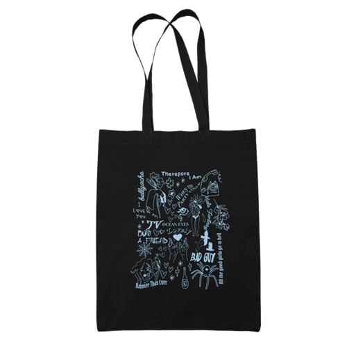 Image of Willow Gifts Billie Doodle Tote Bag - Eilish Happier Than Ever Bad Guy Ocean Eyes Bury a Friend Carrier Shopper Shopping Bag (Black)