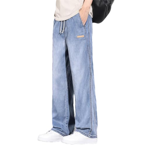 Men's Summer Thin Denim Jeans Loose Fit Stretch Waist Korean Vintage Style Casual Long Pants