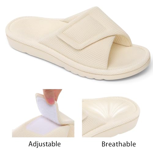 Image of shevalues Summer House Slippers for Women with Arch Support Breathable Waffle Cotton Indoor Slippers Slip on Open Toe Home Shoes