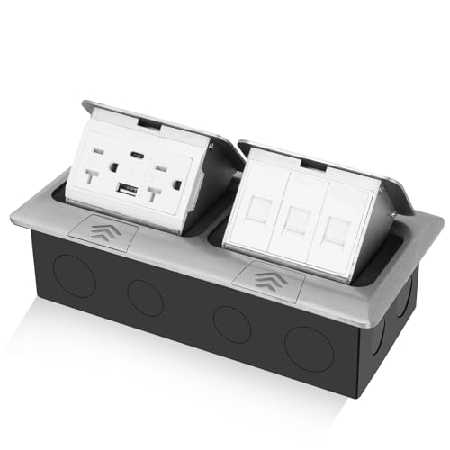Image of KYHSHJ USB Pop Up Floor Socket Kit with 2 * 20A Receptacle，4.8A 1 USB-A Ports &1 USB-C Port，3-Port RJ45 Datacom Receptacle，Corrosive Resistant Hardware,Silver