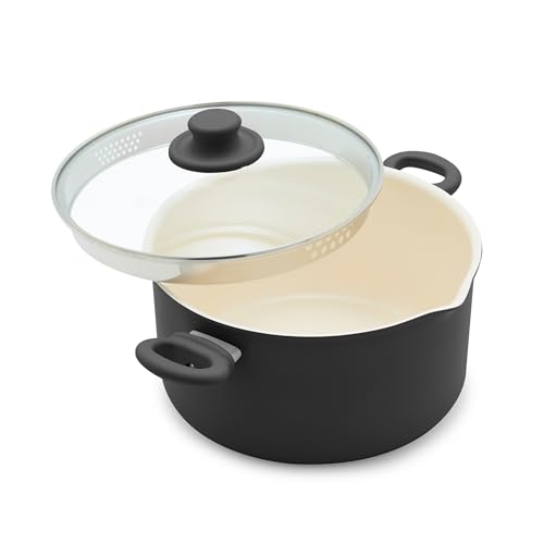 Comparison: Best Non Stick Stock Pot 9 GreenLife 6QT Ceramic Nonstick Stockpot with Glass Straining Lid, PFAS-Free, Dishwasher Safe, Stay-Cool Handles, Oven Safe to 350°F, Wobble-Free Base, Even Heating, Black