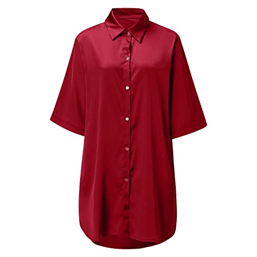 Women Sexy Lingerie Button Down Nightshirt 3 4 Sleeve Satin Sleepwear Loose Fit Pajamas T-Shirt Short Dress Nightgown(Red,XXL