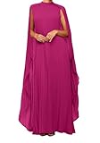 Seltaon Women's Chiffon Pleated Flowy Maxi Dresses Cape Sleeve Pleated Cocktail Evening Party Dress Rose