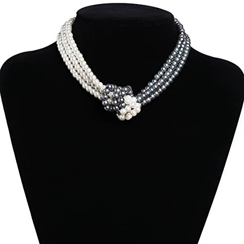 Coucoland 1920S Imitation Pearls Necklace 20S Gatsby Knot Pearl Necklace 1920S Flapper Pearls Accessories Two-Tone Stitching Style (Gray And White) #TOP3