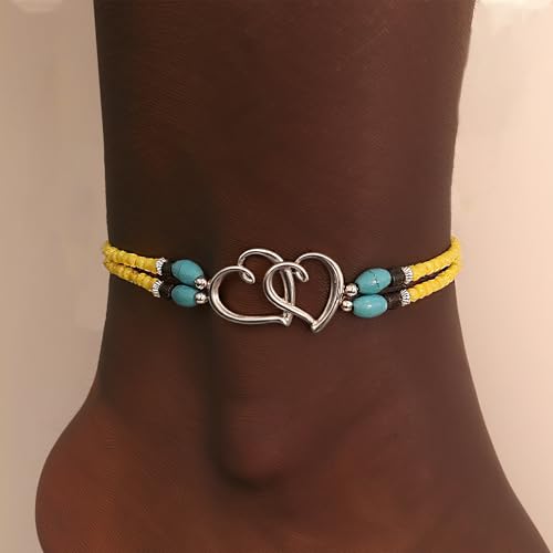 Image of Elastic Beaded Ankle Bracelets for Women Double Heart Layered Stretch Ankle Bracelets Waterproof Dainty Boho Beaded Anklets for Summer Beach Foot Jewelry