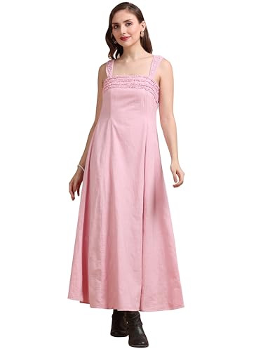 Image of Glam & Chique Women's 100% Cotton Textured Self Design Smocked Maxi Dress-XS-2XL