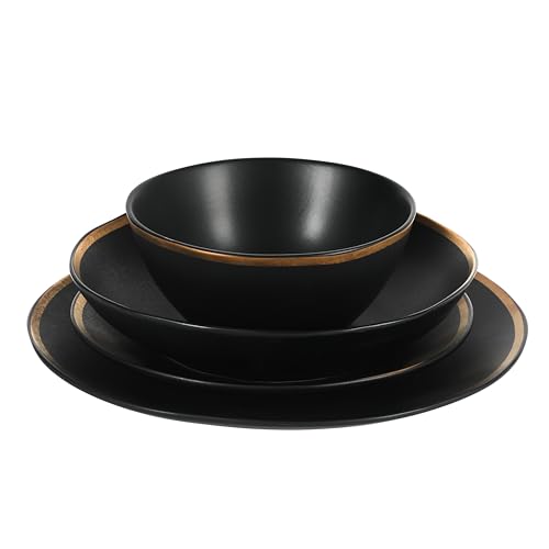 Image of Gibson Elite Kings Road Double Plates and Bowl Organic Round Porcelain Dinnerware Set - Matte Black w /Gold Rim