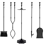 Amagabeli Juego de 5 herramientas para chimenea mango negro hierro forjado gran juego de herramientas para fuego y soporte para exterior para fogata para interior rústico con tenazas