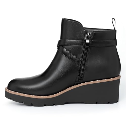 Athlefit Women's Wedge Ankle Boots Fashion Platform Lug Sole Buckle Short Booties with Side Zipper2