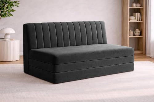 Image of Rosebell -3 Seater Upholstered Armless Sofa Cum Bed with Backrest | Velvet Fabric Finish | Modern Living Room & Bedroom -Black