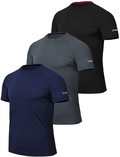 Zoofly Mens Sports T Shirt 3 Pack Gym Activewear Tshirt Quick Dry Running Training Shirt Mens Gym Wear Exercise Top Black/Grey/Navy-XL