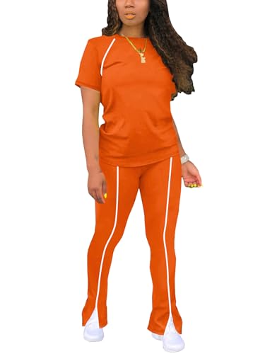 Image of STOLKISS Women 2 Piece Outfits Summer Workout Sweatsuit Striped Short Sleeve Long Flare Pants Casual Travel Tracksuit