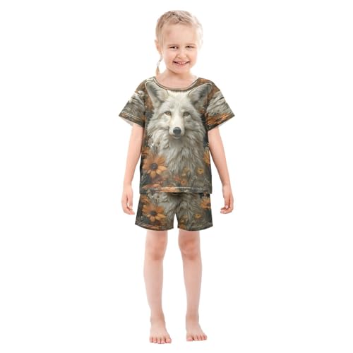 ALAZA White Fox Flower Floral Print Pajamas Set Short Sleeve Cotton Sleepwear Summer Pjs 2 Piece 5-14Y3