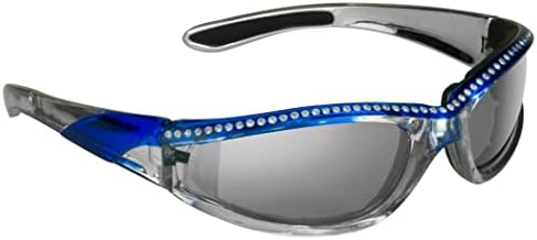 Bikershades Chrome and Blue Frame Anti Glare Mirrored Motorcycle Sunglasses with Rhinestones Foam Padded for Women
