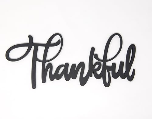 The Acrylic Place Black Wooden Word Script Cutout Sign for Home Decor (Thankful)