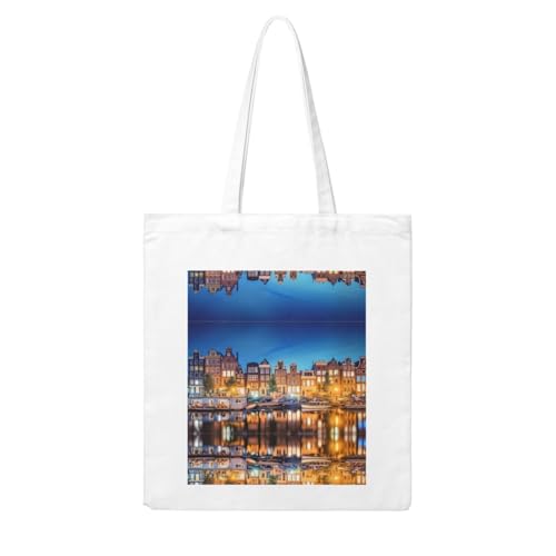 GaxfjRu Amsterdam Night View - Bolsa de lona ecológica - Bolsas reutilizables de sublimación para compras, escuela y más, beige, Talla única
