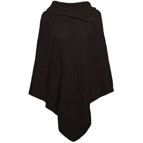 TrendyFashion Womens Cable Knitted 3 Button Cape Poncho Ladies Cospy Warm Cape Shawl Jumper Poncho (Black One Size) Cover