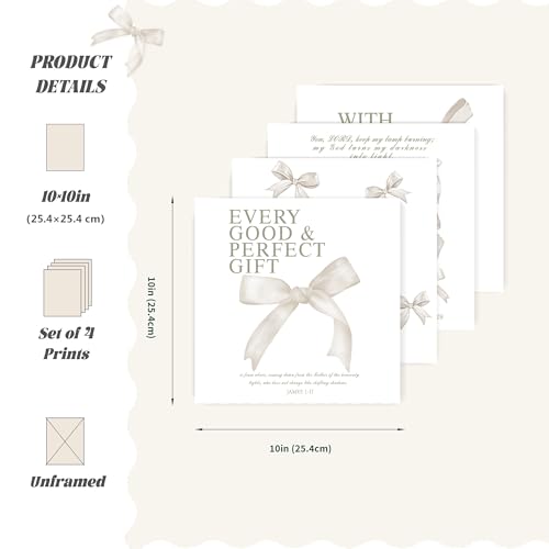 Image of LARTSFRO Coquette Beige Bow Wall Art Decor Posters, Beige Bow Christian Room Bedroom Bathroom Dorm Wall Art Decor Aesthetic for College Teen Girls Gifts, Inspirational Bible Verses Bow Wall Decor, 10x10 Inch Set of 4 Pcs Bow Pictures (UNFRAMED)