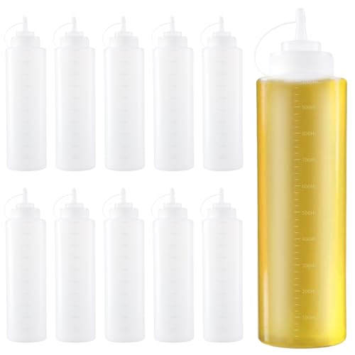 JEUIHAU 10 PCS Plastic Squeeze Condiment Bottles, 32oz/1000ml Sauce Bottle Dispenser with Nozzles 1L Ketchup Bottle Squeezy Sauce Bottles for Dressing, BBQ, Sauce, Mustard, Salad