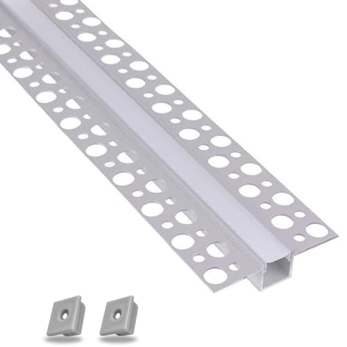 DesignLight Perfil LED de aluminio para paneles de yeso retráctil, longitud 2 metros con cubierta de luz continua y tapones – Ideal para tiras LED máx. 12 mm – para interiores (perfil plano + 2