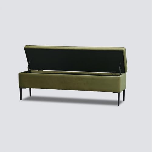 Image of Luxury 2 Seater Velvet Storage Bench Sofa for Living Room & Bedroom | Long Upholstered Ottoman Bench with Hidden Storage | Modern End of Bed Bench Seating with Metal Legs, Olive Green