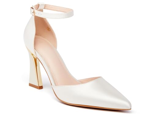 Coutgo Damen Geschlossene Spitze Zehen Pumps Schnallen Ankle Strap DOrsay Heels Elegante Dressu Schuhe Weiß 70
