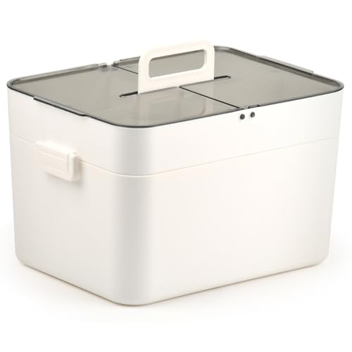 BOPEUY Caja Medicamentos Organizador, 2-Tier Medicine Box Caja Botiquin, Cajas Medicamentos con Asas, Organizador Medicamento, para Hogar y Viajes - Blanco