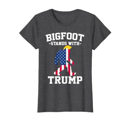 Bigfoot Stands with Trump Funny T-Shirt, Women, Dark Heather Grey, Medium