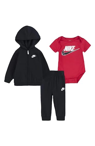 Image of Nike Baby Boys Bodysuit, Zip Hoodie & Pants 3 Piece Set (Black(56I553-023)/Red, 3 Months)