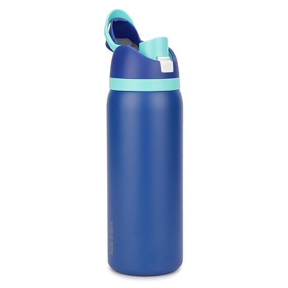 Image of FreeSip Gym Water Bottle with Straw & Chug Lid - Leak Proof Push Button Opening, BPA Free, Large Capacity Sports Bottle with Carry Handle (Dark Blue, 960 ML)