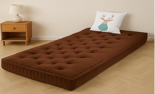 Image of ATOOTFUSION Cotton Floor Mattress, 4 inch Thick Tufted Cushion, 72 x 30 inch, Foldable, Rollable Light Weight Cotton Mattress (Brown)