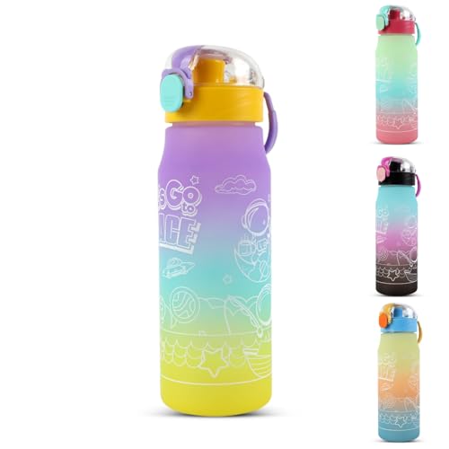 MHwan Botella Agua Niños, Gran Capacidad de 600 ml, Resistente e Irrompible, a Prueba De Fugas, Sin BPA, Astronauta divertido Botellas de Agua para Niñas y Niños, Ideal para Colegio e Viajes