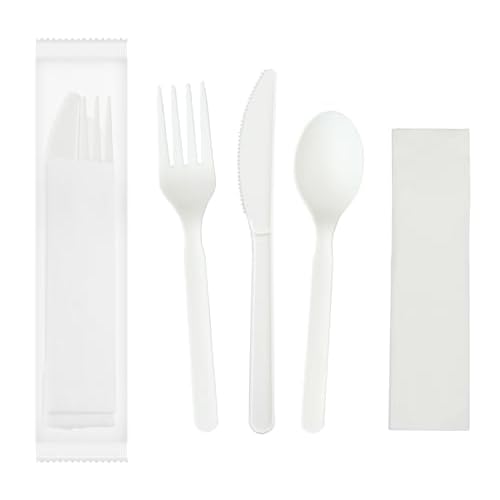GreenWorks 6″ Compostable CPLA Cutlery Kits, BPI Certified 200 Sets (Fork, Spoon,Knife,Napkin 4 in 1) Individually Wrapped With Compostable Bags，Alternative to Plastic Disposable Utensils