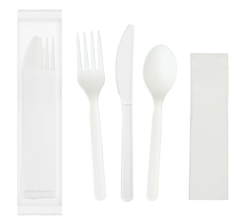 GreenWorks 6" Compostable CPLA Cutlery Kits, BPI Certified 200 Sets (Fork, Spoon,Knife,Napkin 4 in 1) Individually Wrapped With Compostable Bags,Alternative to Plastic Disposable Utensils