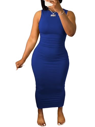 Image of Ulovmi Women's Maxi Bodycon Summer Dress Long Formal Ruched Sundress Elegant Casual Tank Sleeveless Dress Party Cocktail