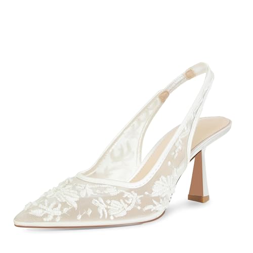 ZJGZF White Mesh Slingback Heels for Women Embroidered Wedding Kitten