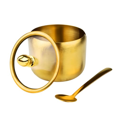 2 azucareros de acero inoxidable con tapa y cuchara, 250 ml para barra de café, cuencos de sal para almacenamiento de encimera, cocina, condimentos, café, frijoles de café, caramelos, especias